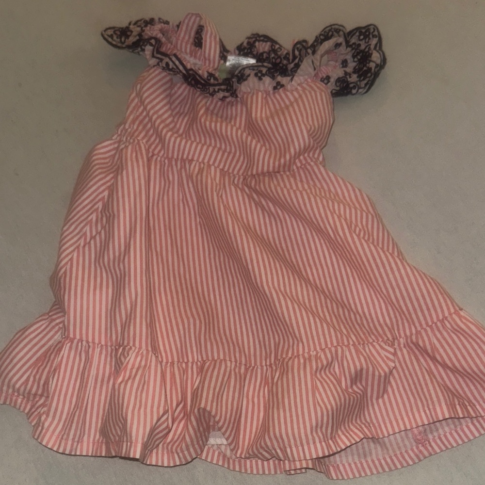 Kids Size 3T Penelope Pink Striped Dress with Black Lace Trim